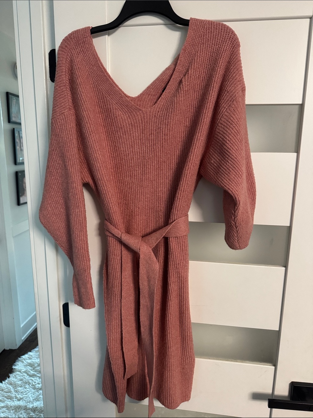Express V-Neck Knit Belted Sweater Dress - Dusty Rose